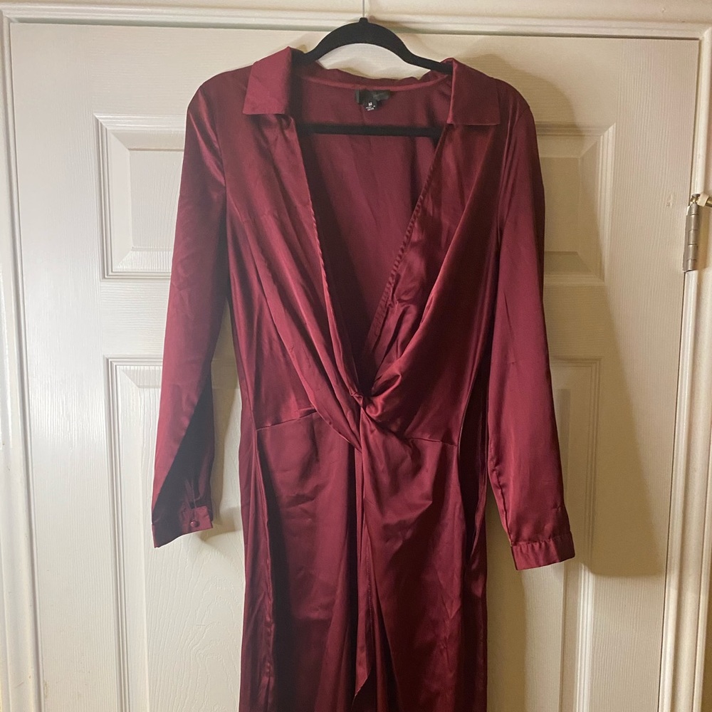 Maroon front twist slit silk dress